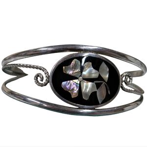 Vintage Alpaca Mexico Abalone Inlay Flower Silver Cuff Bracelet